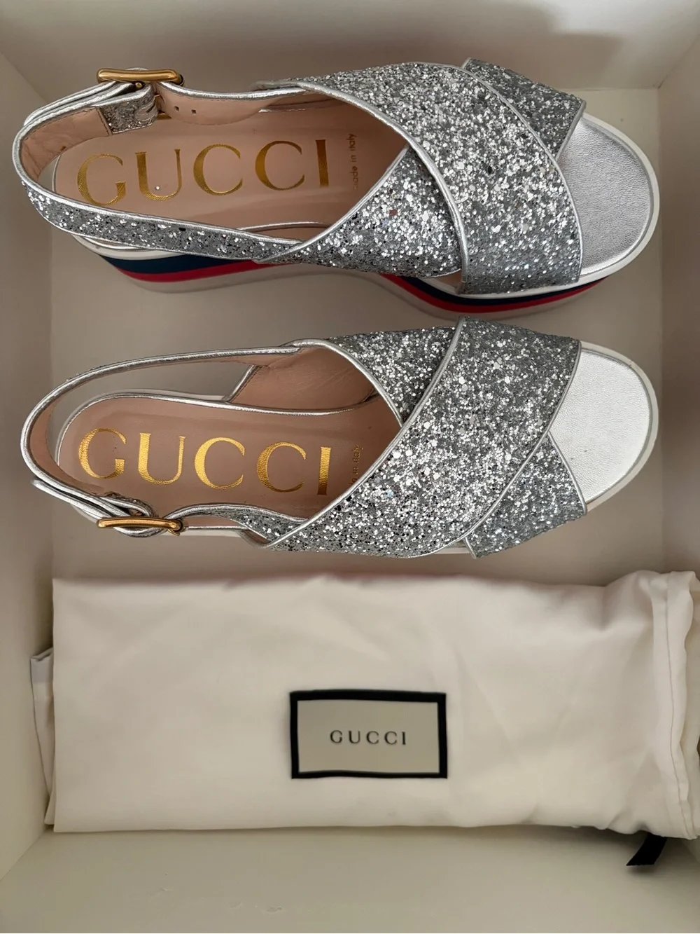 Gucci Silver Glitter Peggy Platform Sandal with Blue and Red Stripes